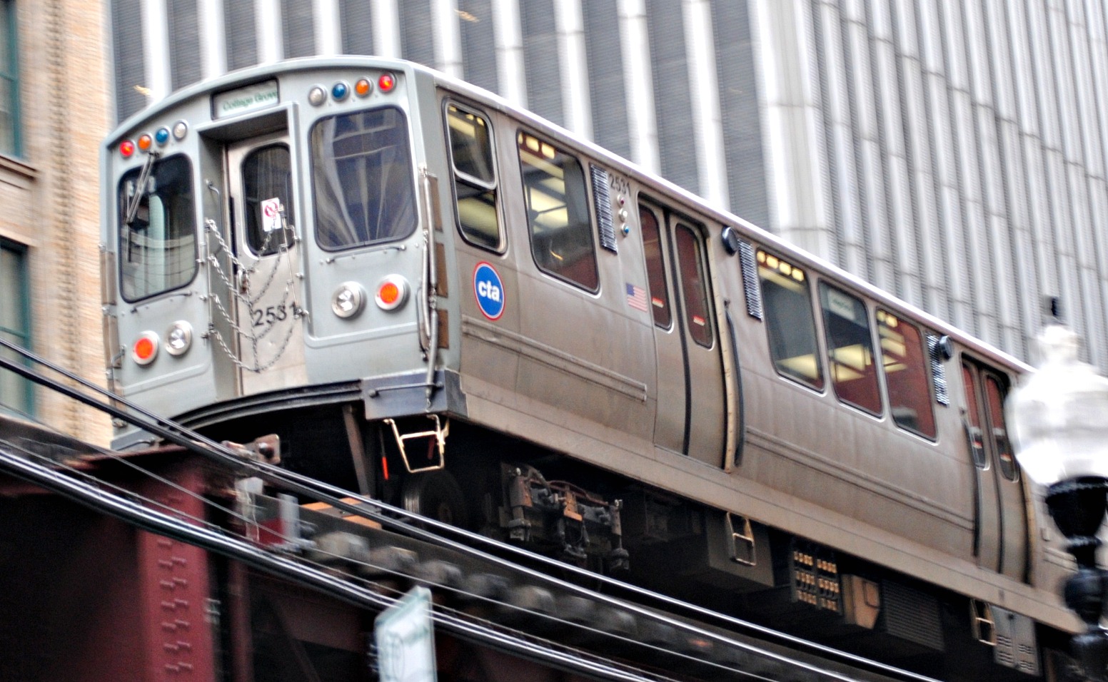 A CTA elevated train passing over Wabash Avenue in the Loop