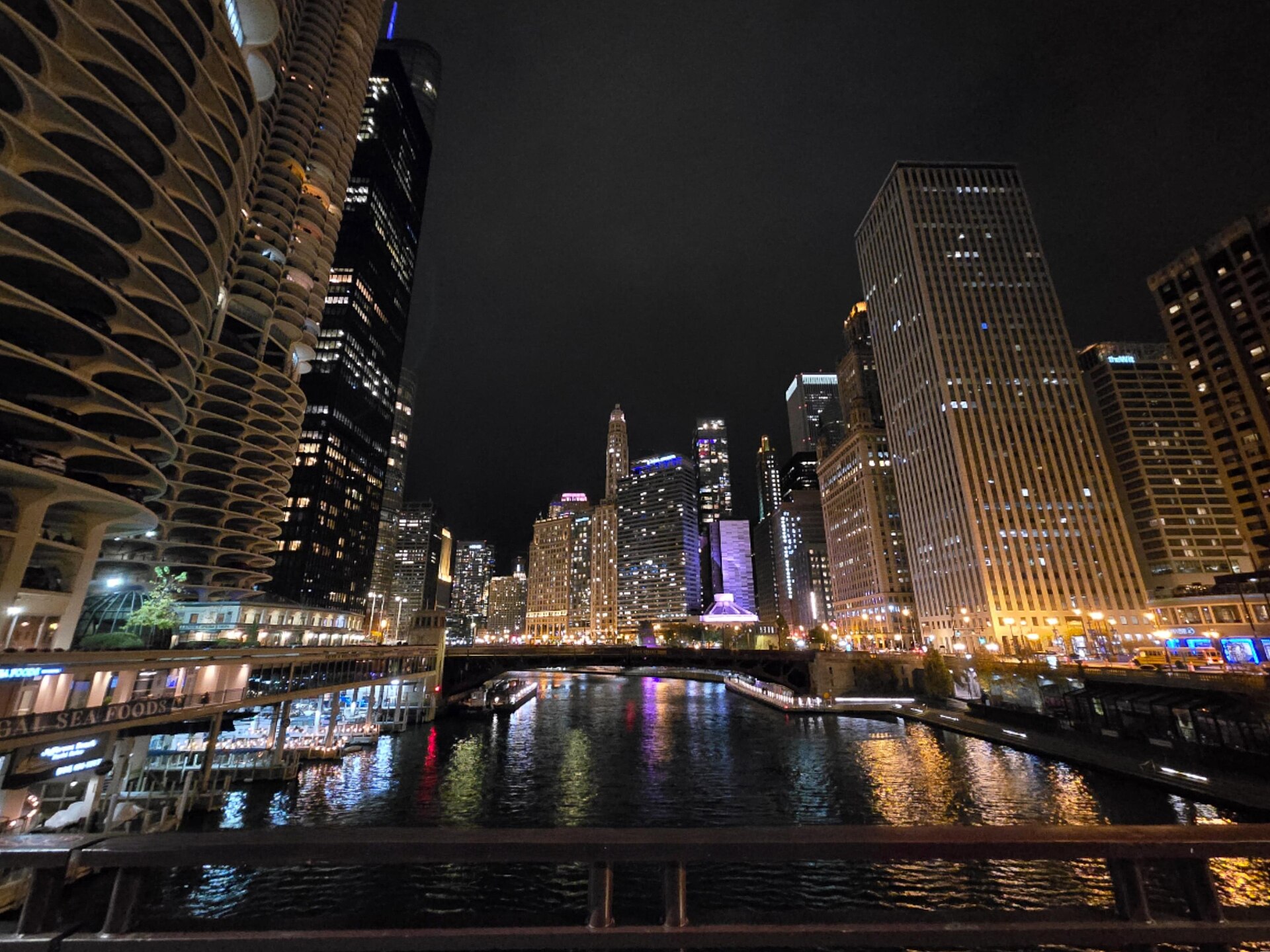The Chicago River and Marina City at night