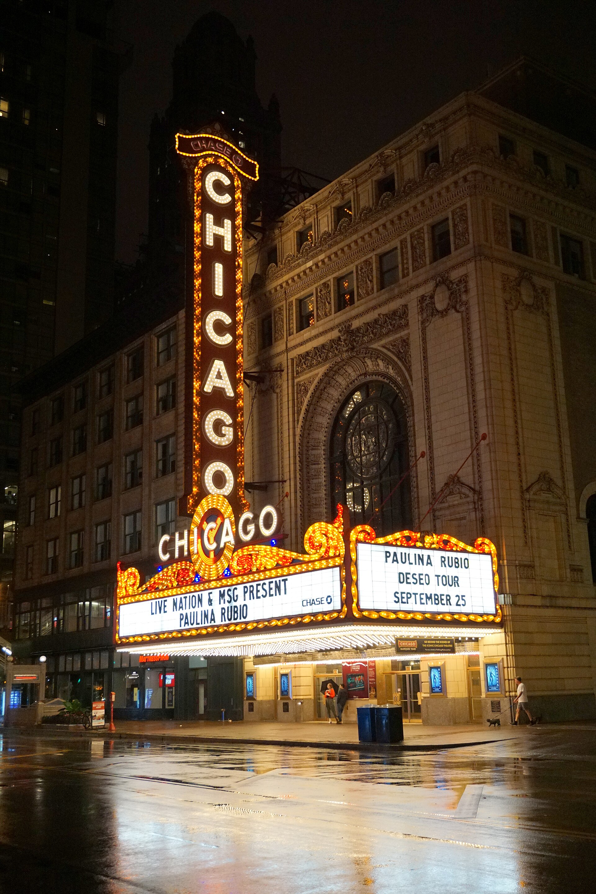 The Chicago Theatre marquee on State Street at night